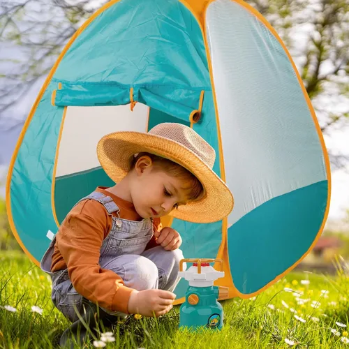 Vista 7 de Qtioucp - Juego de camping para niños con tienda de campaña desplegable y proyector de espacio con linterna - Juguete de fogata al aire libre