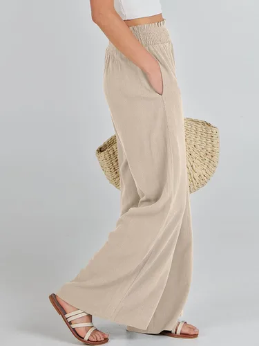 Vista 4 de Caracilia Pantalones de lino para mujer, pierna ancha, palazzo, pantalones de descanso de cintura alta, fluidos 2024, verano, playa, trabajo