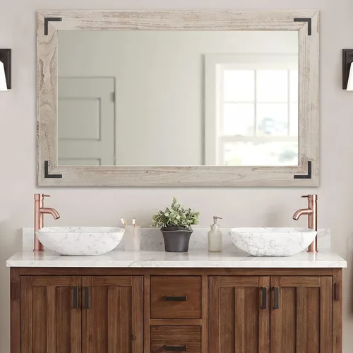 Vista 8 de YOSHOOT Espejo de pared con marco de madera rústica, espejo de tocador de baño de madera natural para decoración de granja, colgante vertical u Negro