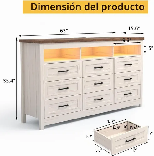 Vista 2 de Hlivelood Cómoda de granja de 9 cajones con luces LED, cómoda grande de 160 cm de ancho para dormitorio, cómoda de madera moderna con organizador