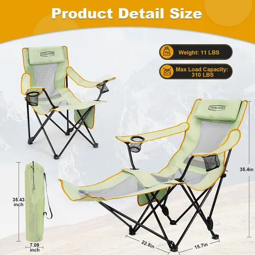 Vista 2 de YOUNG WOOD Silla de camping reclinable, portátil con reposapiés, silla de camping plegable para adultos, reposacabezas y bolsa de almacenamiento