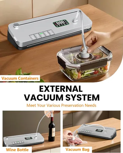 Vista 4 de Máquina selladora al vacío de alimentos, succión fuerte de 75 KPa, temporizador digital, cortador integrado, función de pulso, modos seco y húmedo