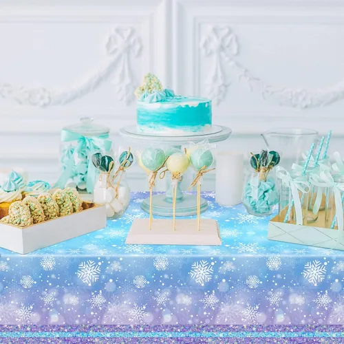 Vista 4 de Mantel de copo de nieve azul y blanco, 3 piezas, mantel rectangular de plástico desechable, 70 x 43 pulgadas, suministros para fiesta de cumpleaños