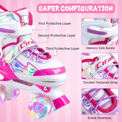 Vista 5 de Patines negros y rosados para niñas y niños de 4 a 13 años, 4 tamaños, ruedas iluminadas y diseño superior brillante