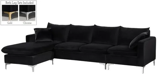 Vista 4 de Meridian Furniture Naomi Collection Modern Moderno seccional reversible tapizado de terciopelo negro contemporáneo con patas doradas o cromadas