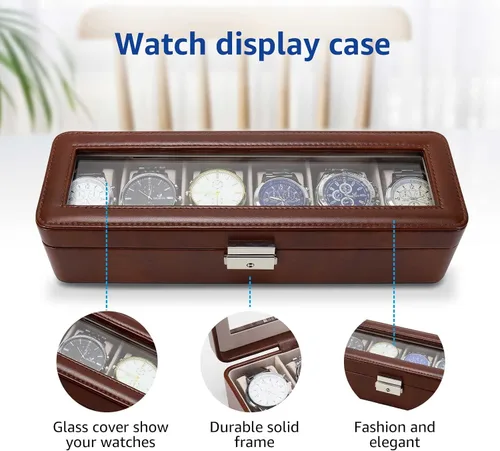 Vista 3 de Caja organizadora de relojes para hombres y mujeres, caja de reloj con 6 ranuras para reloj, pantalla de reloj de piel sintética con ventana