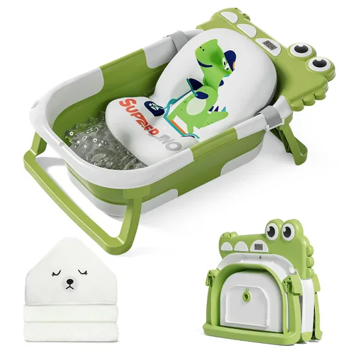 Vista 20 de MoreFeel Bañera plegable para bebé recién nacido con termómetro y 1 toalla con capucha y 1 cojín flotante suave, bañera de viaje portátil