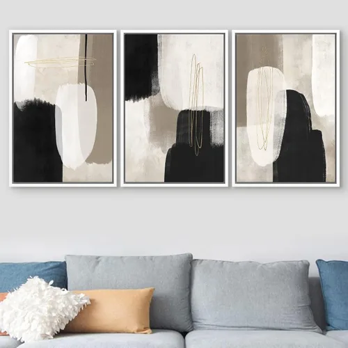Vista 11 de SIGNFORD - Set de obras de arte en lienzo enmarcado para pared, ilustraciones abstractas de neblina del desierto en tonos neutros beige y marrón