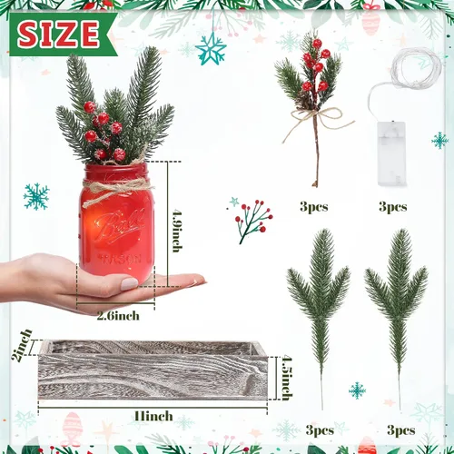 Vista 3 de Tarros de cristal de Navidad, centro de mesa de Navidad para mesa, juego de 3 tarros de albañil coloridos con luces y plantas artificiales