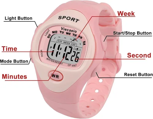 Vista 4 de Reloj digital para niños, impermeable, con cronómetro, alarma, iluminación, regalo para niños de 3 a 8 años con bonita caja, color rosa, Rosado