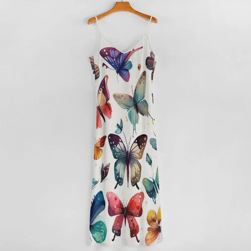 Vista 4 de Vestido largo de playa con estampado de mariposas coloridas para mujer, estampado floral, bohemio, vestido de playa