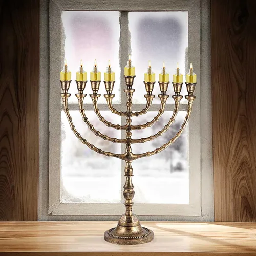 Vista 5 de Menorá tradicional extra grande de Janucá para uso con velas de Shabat o vasos de aceite, Menorá de Hanukkah de aspecto antiguo, para Shul Oro