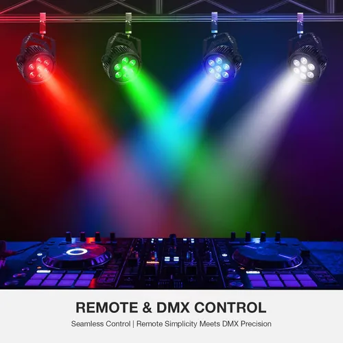 Vista 4 de Par de luz LED para escenario: 70 W RGBWA 5 en 1 LED par puede activar por sonido múltiples modos por control remoto y control DMX para eventos