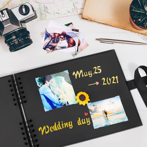 Vista 8 de Vienrose Álbum de recortes de 80 páginas, álbum de fotos de bricolaje con accesorios, libro de recuerdos de papel kraft negro para bodas