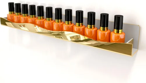 Vista 5 de YMVV Estantes de esmalte de uñas montados en la pared, estante organizador de esmalte de uñas con acabado de espejo dorado de 5 pulgadas, estante