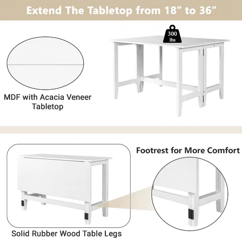 Vista 4 de Mesa de comedor extensible de madera de granja con hojas colgantes para lugares pequeños, color blanco TJ429