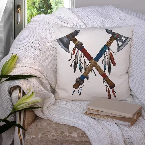 Vista 4 de Fundas de almohada con dos plumas cruzadas Tomahawks con cuentas de arma nacional india, hacha nativa americana, algodón y lino, fundas de almohada