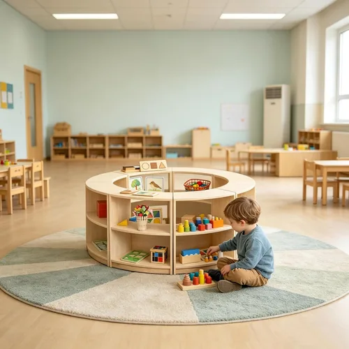 Vista 2 de Estante de almacenamiento Montessori curvado de 3 niveles - Organizador infantil para juguetes, libros y suministros de arte, muebles de gabinete