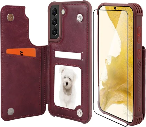 Vista 10 de VANAVAGY Funda tipo cartera compatible con Galaxy S22 con soporte para tarjetas de bloqueo RFID, piel sintética, cierre magnético, función atril
