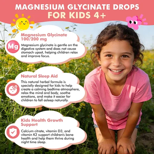 Vista 2 de Gotas líquidas de glicinato de magnesio para niños mayores de 4 años, glicinato de magnesio 100/200 mg para dormir, relajación y apoyo a la calma