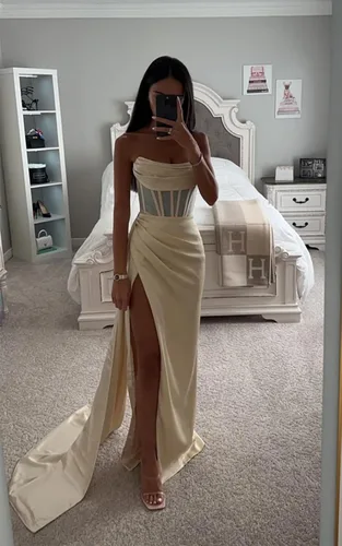 Vista 2 de Vestido de fiesta sin tirantes, largo de seda, de satén, fruncido, vestido de dama de honor, corsé, vestido de fiesta de noche formal con abertura
