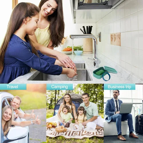 Vista 7 de Soporte para jabón, contenedor de viaje con tapa, sellado fuerte, a prueba de fugas, plato portátil con bolsa y banda de silicona, estuche de bar
