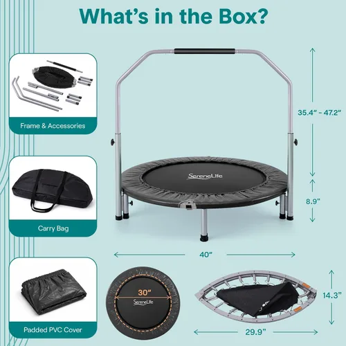 Vista 8 de SereneLife 40" Foldable Mini Trampoline for Adults - Compact Fitness Rebounder with Adjustable Foam Handle, Exercise Trampoline with Max Load