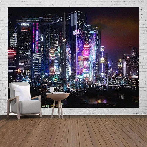 Vista 11 de Ine Ive Tapiz punk urbano retro de arquitectura de neón, decoración de pared, diseño urbano, decoración de pared, diseño de franela, tamaño grande