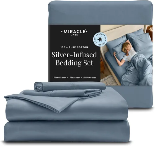 Vista 8 de Miracle Made Luxe - Juego de sábanas refrescantes y suaves, 4 piezas, tela de algodón con infusión de plata, ropa de cama ligera e hipoalergénica