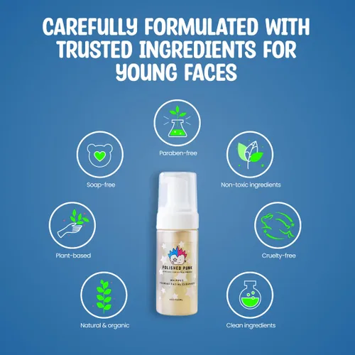 Vista 6 de Jabón facial espumoso natural y orgánico para niños y preadolescentes, limpiador sin jabón y fragancia, sin lágrimas, para pieles sensibles