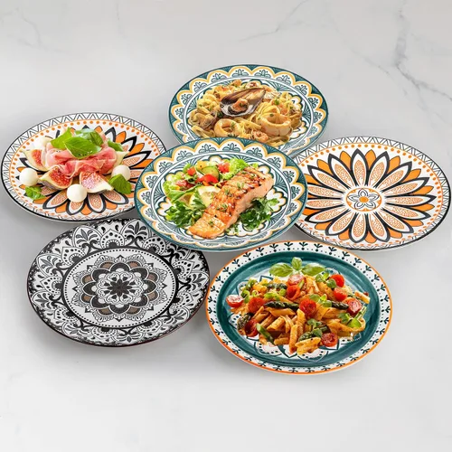 Vista 4 de Foraineam 8 platos de ensalada, platos de postre florales de porcelana de 8.5 pulgadas, coloridos juegos de platos redondos para almuerzo, ensalada