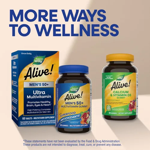 Vista 7 de Nature's Way ¡Alive! Multivitaminas diarias en gomitas para hombres de 50+, apoya la salud del cerebro, los ojos, el corazón*, vitaminas B, sin