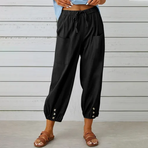 Vista 2 de Pantalones capri de cintura alta con cordón y botón de algodón suelto casual con bolsillos para mujer