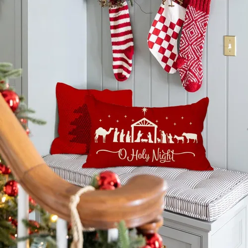 Vista 4 de RABUSOFA Fundas de almohada de Navidad de 12 x 20 pulgadas, almohadas de Navidad, fundas de almohada de noche santa, fundas de cojín rojas