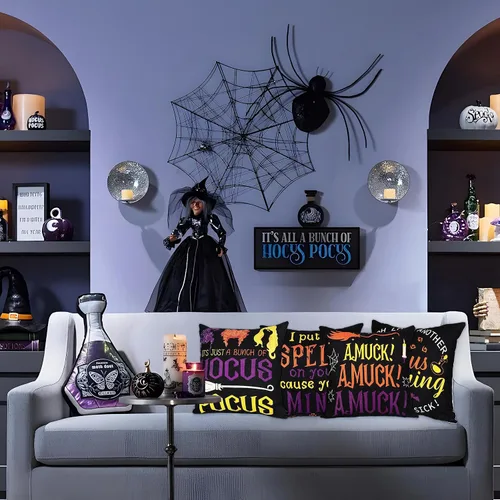 Vista 7 de 4 fundas de almohada de Halloween de Hocus Pocus, 18 x 18: Sanderson Sisters para decoración del hogar, fundas de cojín decorativas para sofá