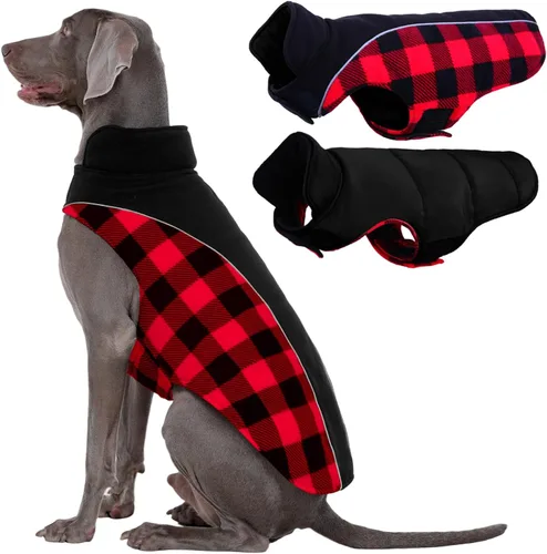 Vista 19 de Kuoser - Abrigo reversible para perros para climas fríos, abrigo de invierno impermeable reflejante para mascotas, abrigo para perros a cuadros