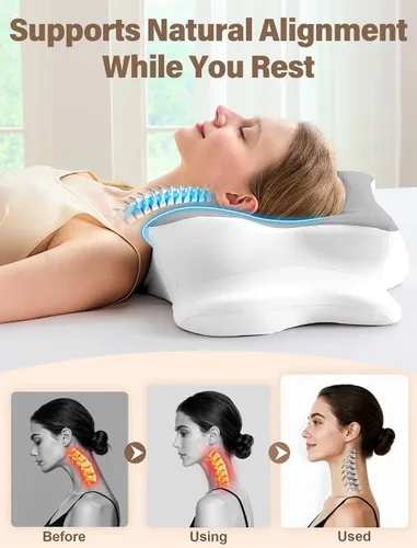 Vista 4 de Almohada cervical para el cuello para aliviar el dolor, almohada ergonómica de espuma viscoelástica para dormir de lado, almohada ortopédica de Gris