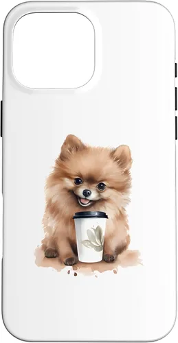 Vista 19 de iPhone 16 Pomerania perro con café estilo acuarela caso