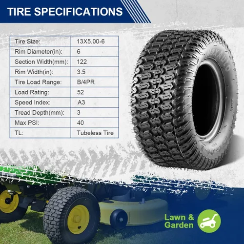 Vista 3 de MaxAuto 2 piezas neumáticos para cortacésped de montar 13x5.00-6 neumáticos de césped 13x5x6 para cortacésped de jardín y césped, 4PR, P332, juego
