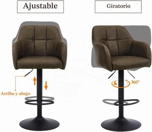 Vista 4 de Moderno juego de 2 taburetes de bar giratorios de piel sintética con apoyabrazos, silla de bar ajustable tapizada con base de metal reposapiés