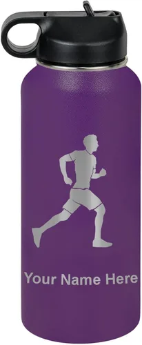 Vista 45 de LaserGram Botella de agua personalizada, Running Man, acero inoxidable de doble pared aislada al vacío con popote superior, regalo grabado