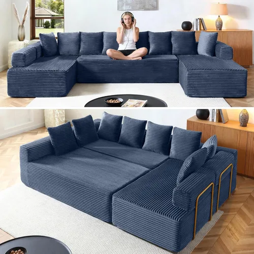 Vista 23 de Sofá grande sin hueso de 125 pulgadas con diván, moderno sofá modular con asiento profundo, sofá tapizado de pana en forma de U para sala de estar