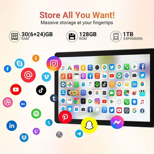 Vista 4 de URAO Tableta, tableta Android de 10.1 pulgadas con procesador Octa-core 30GB RAM 128GB ROM HD IPS pantalla táctil 8H batería, Wi-Fi 6, BT 5.4