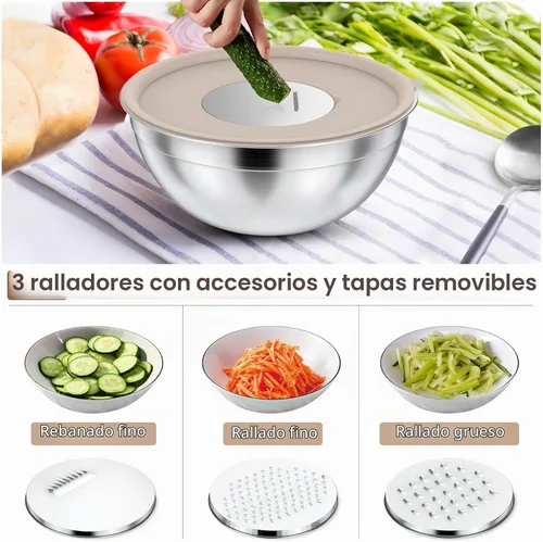 Vista 4 de Juego de tazones para mezclar de acero inoxidable con tapas y 3 accesorios Caqui