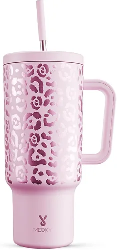 Vista 28 de Meoky - Vaso de 30 oz con asa, tapa y pajilla, taza de viaje térmica de acero inoxidable 100% a prueba de fugas, para portavasos, mantiene el frío