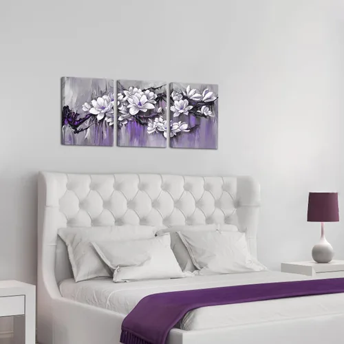 Vista 5 de FuShvre Pinturas de flores moradas en lienzo para pared, imágenes de magnolia, decoración de pared floral púrpura y gris para decoración de pared