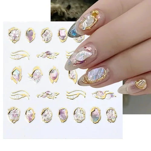 Vista 5 de 6 hojas de calcomanías de arte de uñas en relieve dorado 5D, marco geométrico irregular, diseño de calcomanías huecas para uñas, autoadhesivas