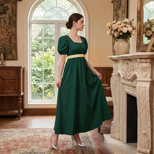 Vista 2 de Vestido de regencia para mujer, cuello cuadrado, manga abombada Verde oscuro