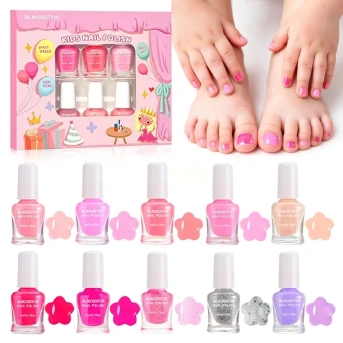 Vista 10 de Juego de esmaltes de uñas con purpurina para niños, 10 colores brillantes, no tóxicos, a base de agua, de secado rápido, para fiestas de niños