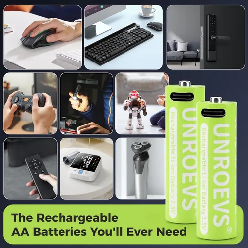 Vista 3 de UNROEVS Baterías AA de litio recargables USB, 3400 mWh 1.5 V recargable doble A con cable USB-C 2 en 1, carga rápida de 2 horas, más de 1200 ciclos.